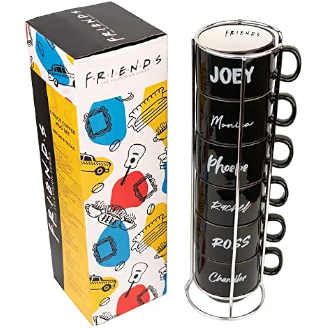 Friends TV Show Stacking Mugs Set of 6 with Stand - 5.4oz Porcelain Cups