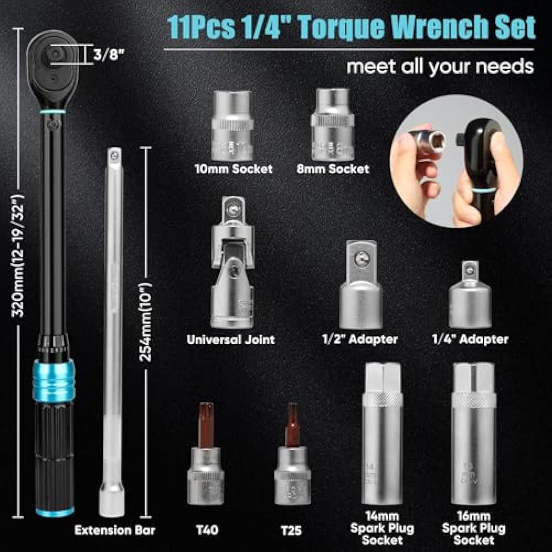 Shall 3/8" Torque Wrench Set (5-60Nm) 11-Piece Kit for Cars & Motorcycles