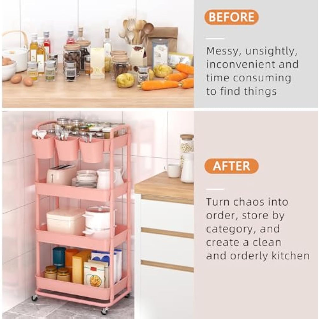 JIUYOTREE 4-Tier Plastic Rolling Utility Cart with Handles - Pink