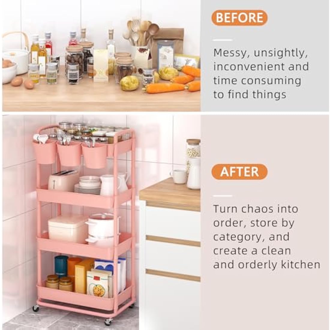JIUYOTREE 4-Tier Plastic Rolling Utility Cart with Handles - Pink