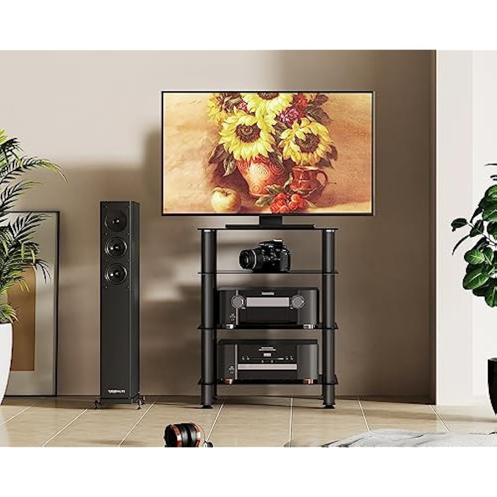 FITUEYES 4-Tier HiFi Rack | Black Tempered Glass AV Media Stand