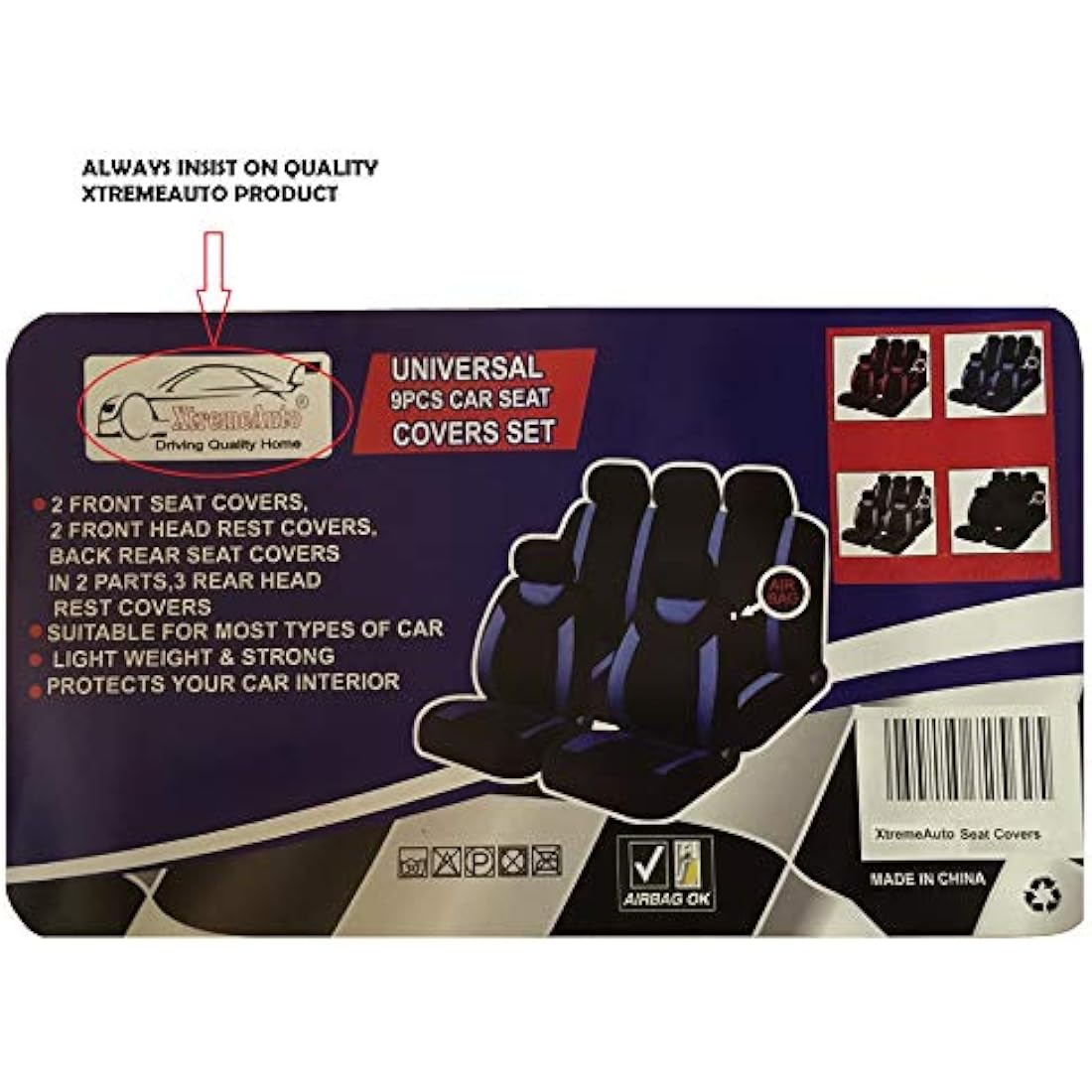 XtremeAuto Carnaby Universal Car Seat Covers Set - Grey/Black Washable