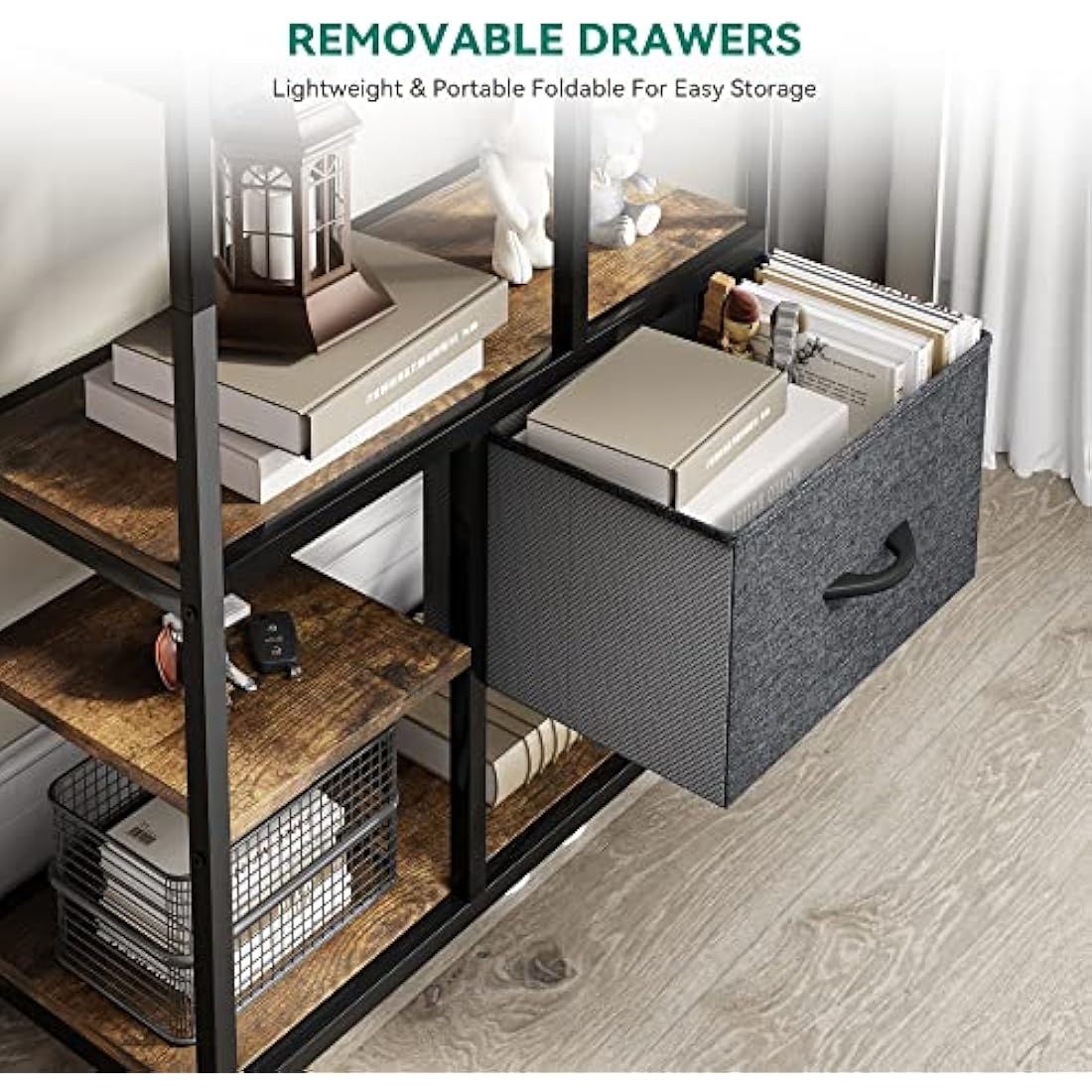 YITAHOME 7-Tier Industrial Bookshelf with Drawers | Rustic Brown