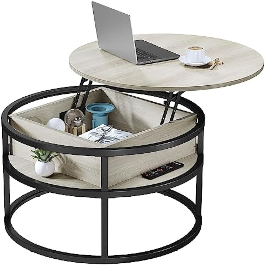 YITAHOME Round Lift Top Coffee Table with Hidden Storage - White Oak