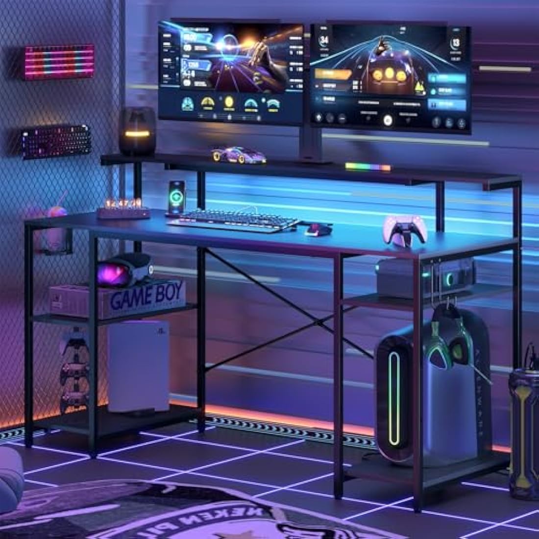 140cm Gaming Desk with LED Lights and Power Outlets