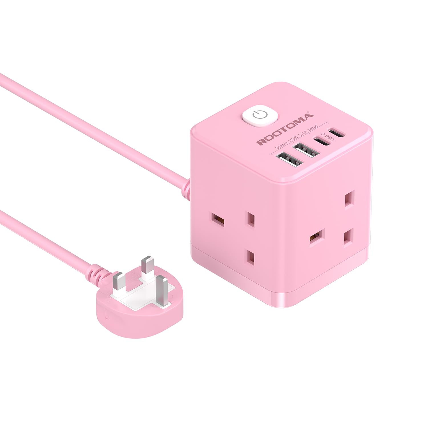 Jolof Store Cube Extension Lead – 3 Way Power Strip with USB-C, Pink