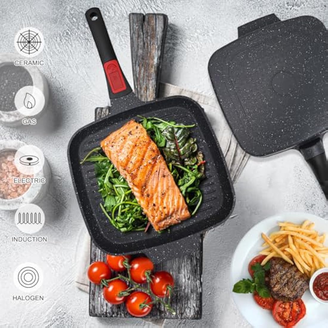 RANX INGST Non-Stick Griddle Pan with Lid | 26cm Cast Aluminium Steak Pan