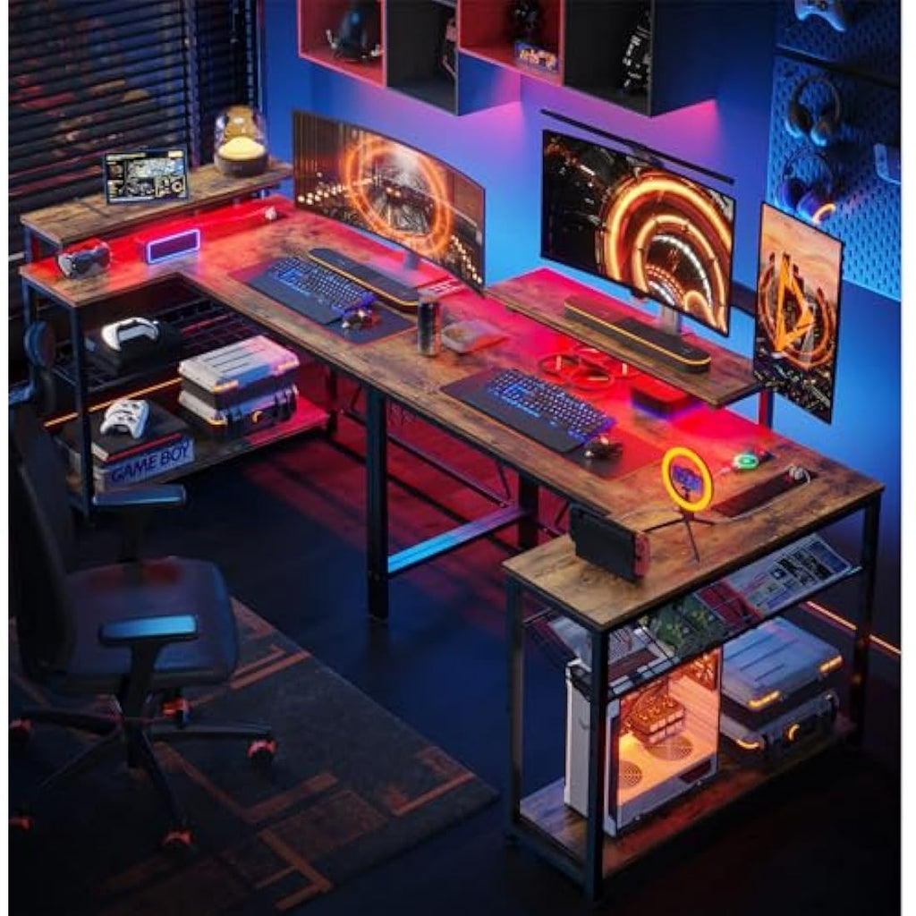 Bestier L-Shaped Gaming Desk with LED Lights and Power Outlets