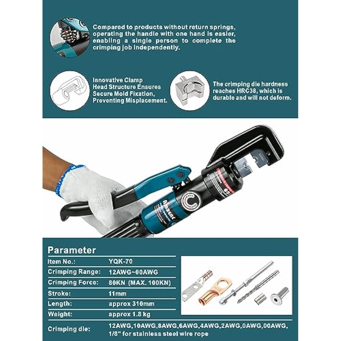 Hydraulic Cable Lug Crimping Tool - 12 AWG to 2/0 AWG with 9 Dies