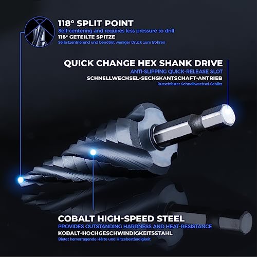toolant 4-22mm Cobalt Step Drill Bit | 4-Spiral Flute Impact Unibit