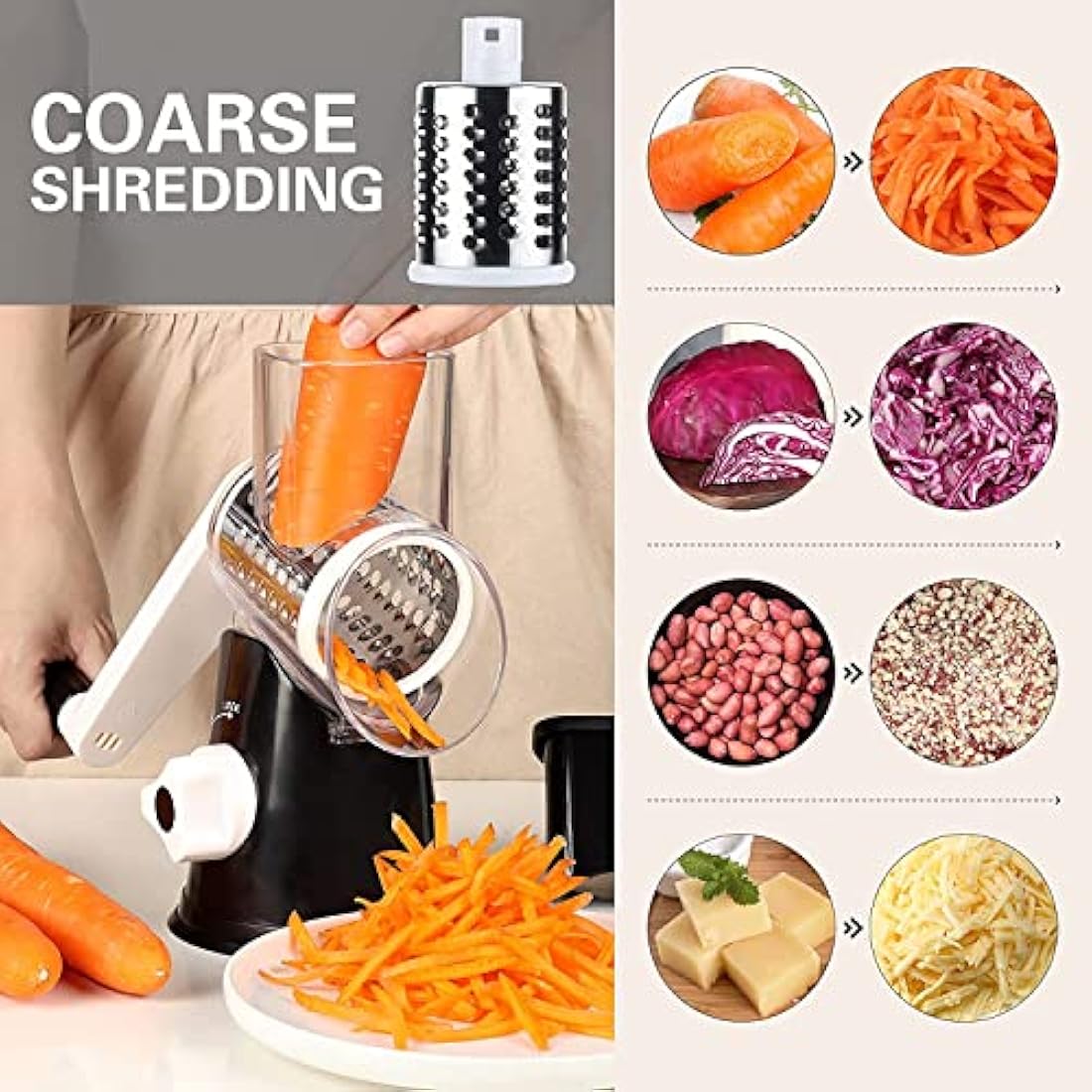 Ourokhome Rotary Cheese Grater and Vegetable Slicer with 3 Blades - Black