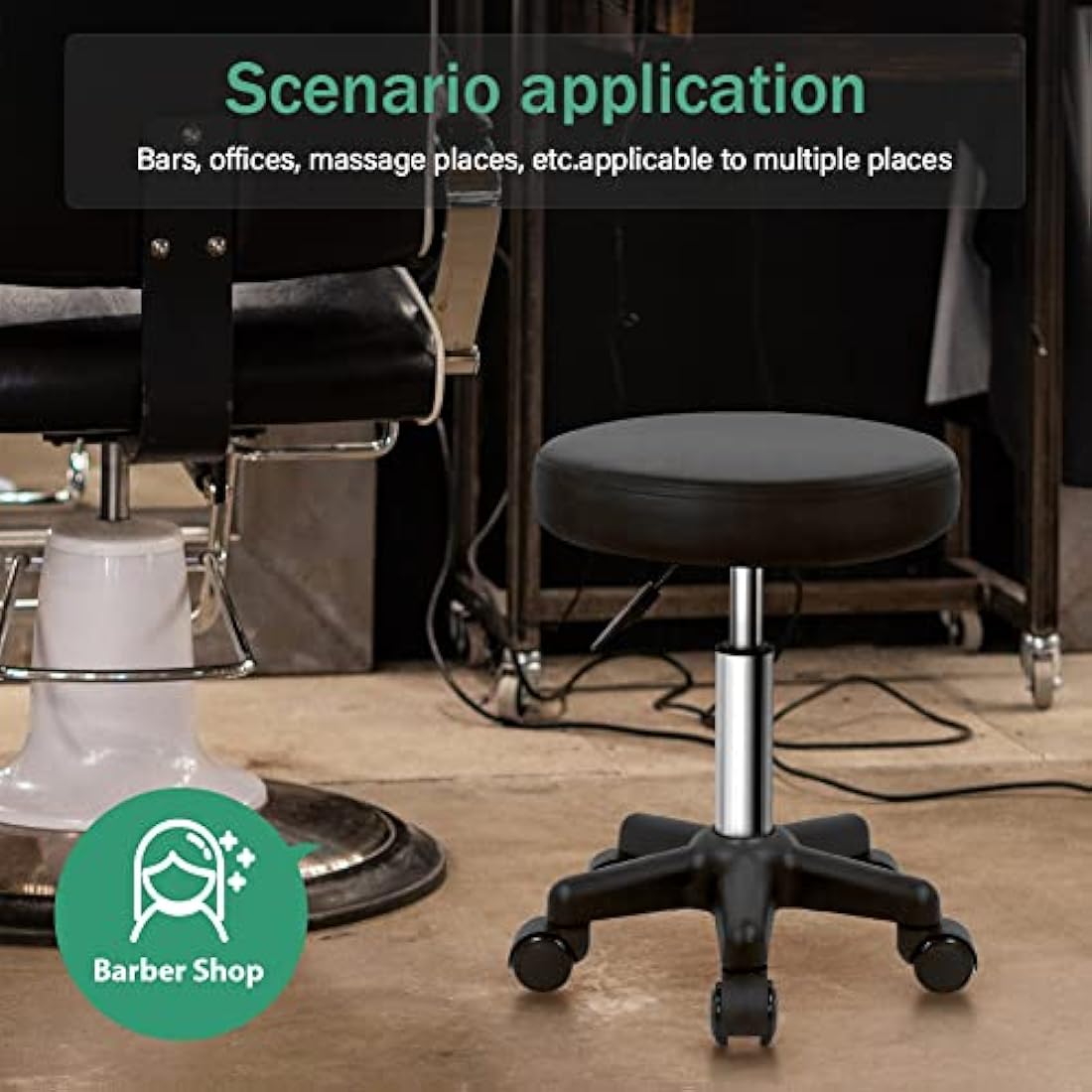 FURWOO Round Rolling Stool | Adjustable Swivel Salon Chair - Black