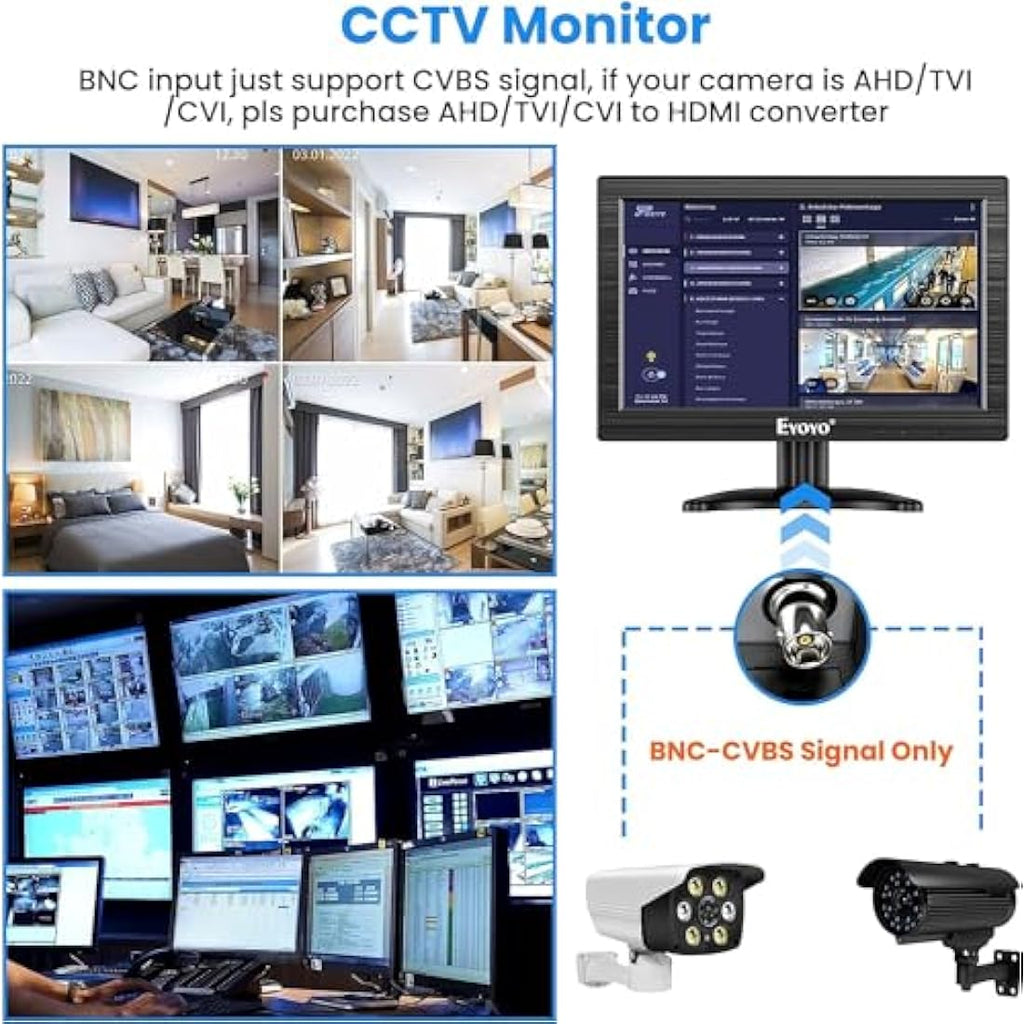 Eyoyo 12 Inch TFT LCD Monitor | 1366x768 HD Portable Display with HDMI & VGA