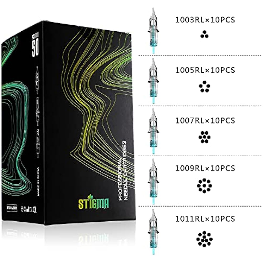 STIGMA 50Pcs Tattoo Cartridges – Mixed #10 Bugpin Round Liner Needles