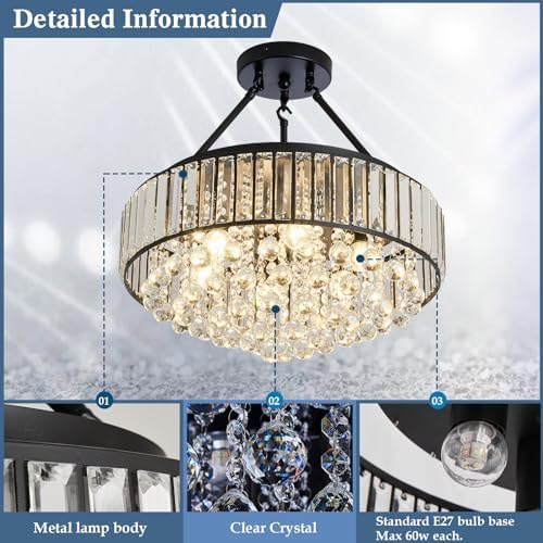 Jolof Store Modern 6-Light Crystal Chandelier – Black Flush Mount Light