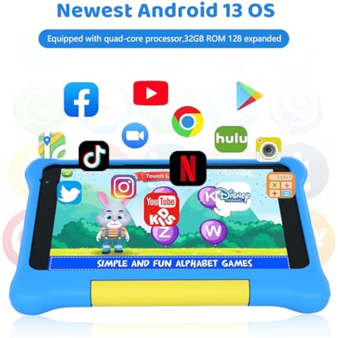 Ainmel 7 Inch Kids Tablet – Android 13, 5GB RAM, 32GB ROM with Case (Blue)