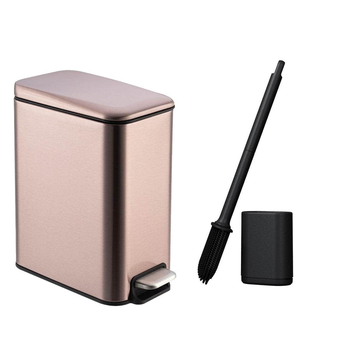 Bathroom Bin with Loo Brush Set, 5L Rectangular Rose Gold Stainless Steel - image 1