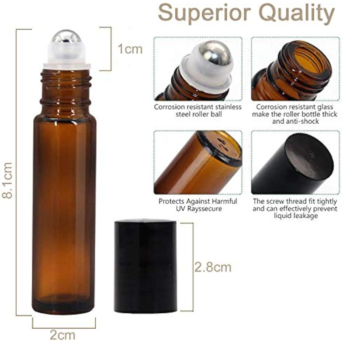 10ml Amber Glass Roller Bottles for Essential Oils - 10 Pack