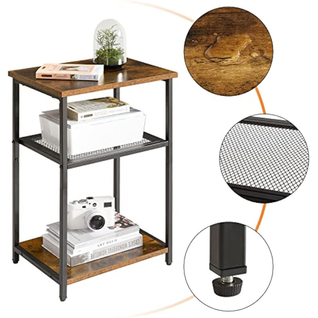 IBUYKE 3-Tier Industrial Side Table | Rustic Brown Metal End Table