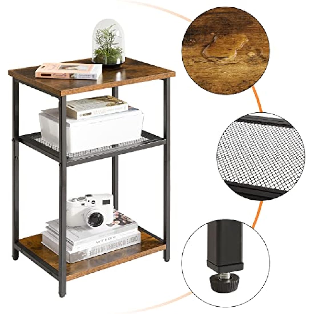 IBUYKE 3-Tier Industrial Side Table | Rustic Brown Metal End Table
