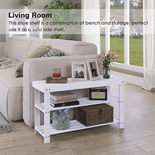 SMIBUY 3-Tier Bamboo Shoe Rack Bench – White Entryway Storage Organizer