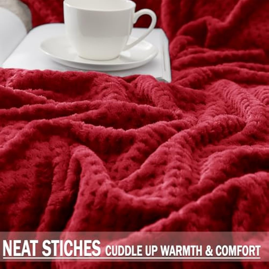 Jolof Store King Size Fleece Bed Blanket | Waffle Weave Jacquard - Burgundy