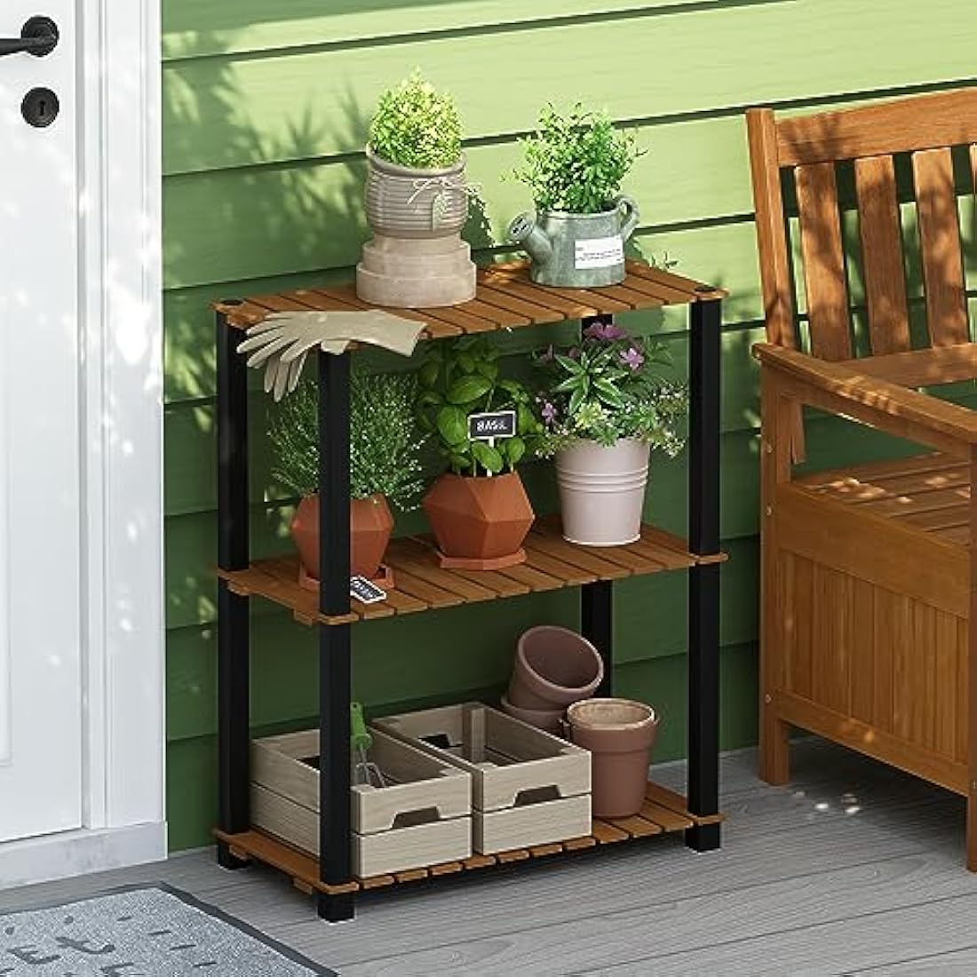 Furinno Pangkor 3-Tier Wood Plant Stand – Indoor Outdoor Display Shelf