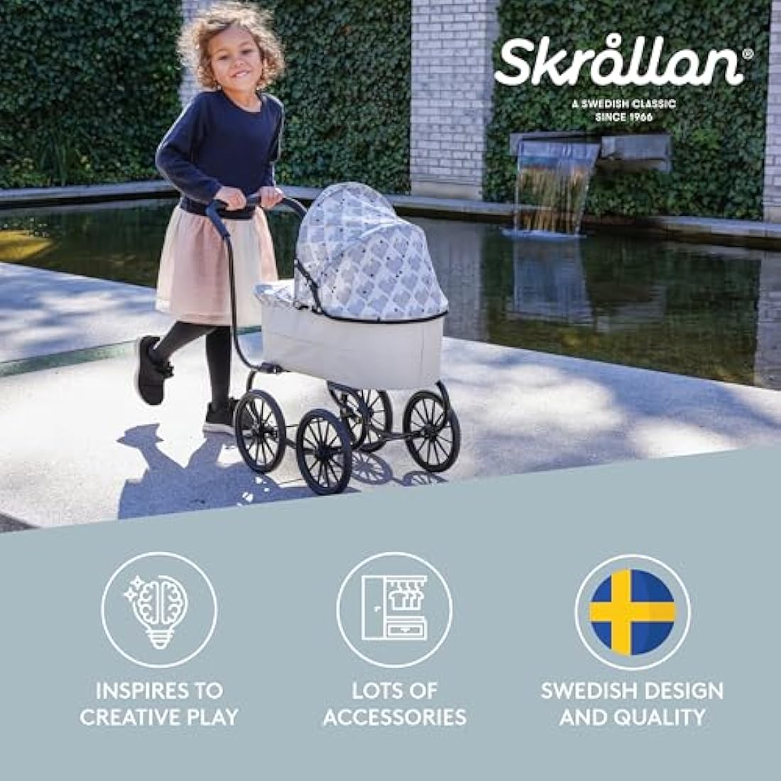 Skrållan Classic Doll Pram – Sturdy Swedish Design Toy Stroller for Dolls