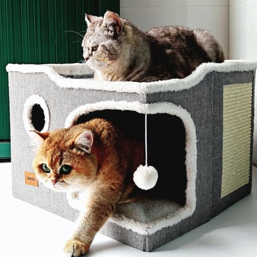 Spindro Large Cat Bed Cave – Foldable Indoor Cat House with Scratch Pad