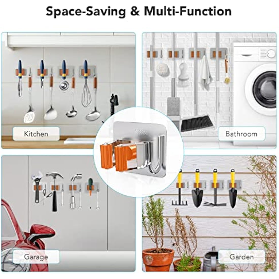 Homeasy Mop and Broom Holder – 4 Pcs Stainless Steel Wall Mount (Orange)
