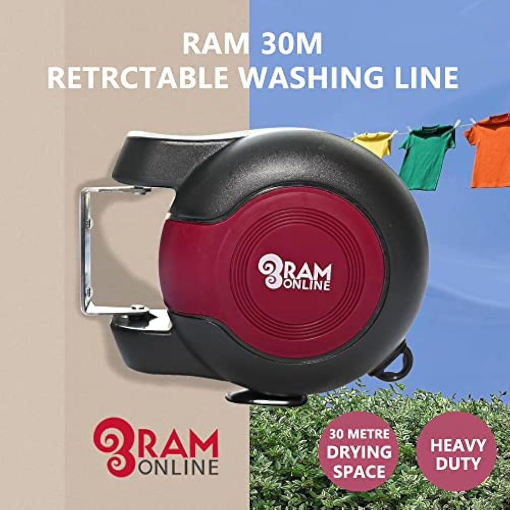 Ram Retractable Clothes Line – 30m Twin Cable Wall Mounted Dryer, Burgundy