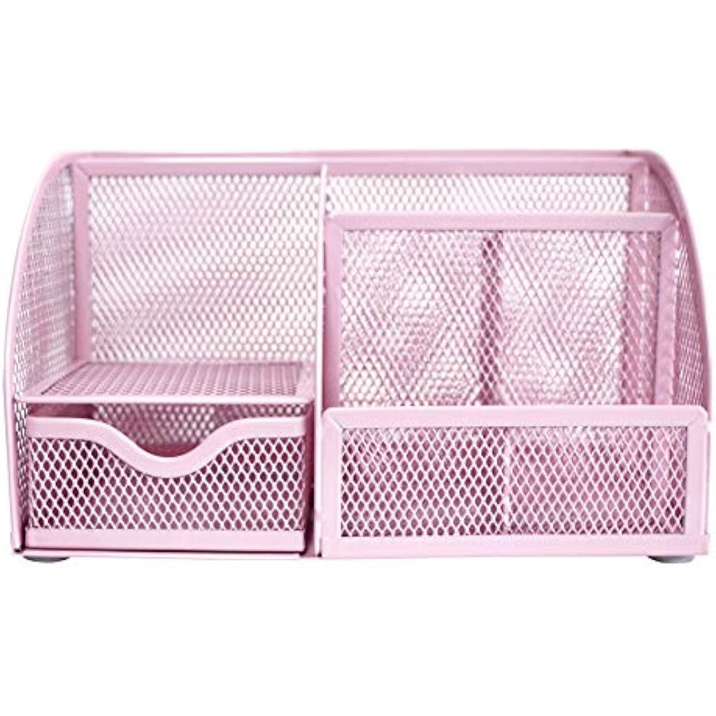 Exerz Mesh Desk Organiser | 7-Compartment Metal Office Caddy – Light Pink