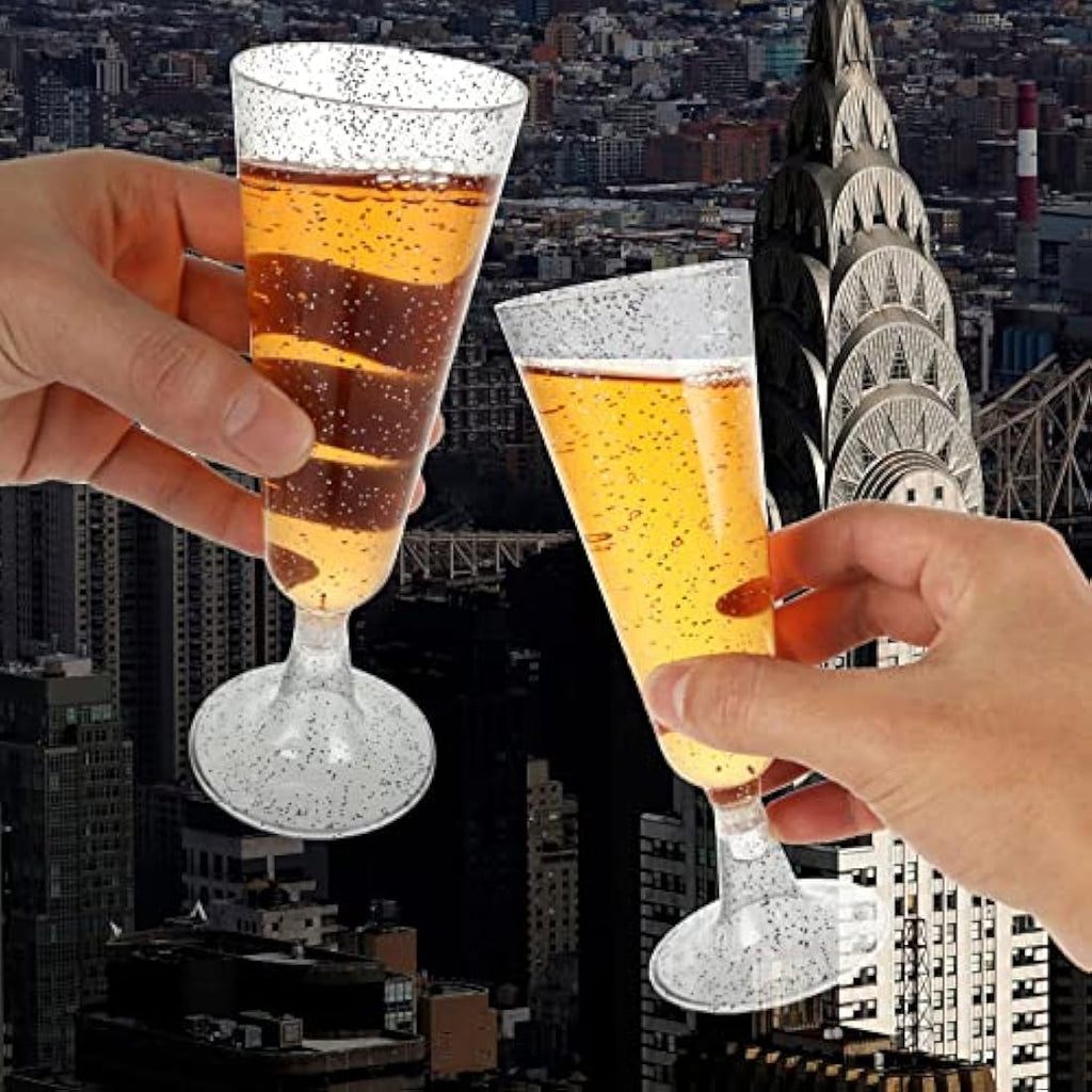 JMIATRY 100 Pcs Plastic Champagne Flutes – 5.6oz Shatterproof Silver Glitter