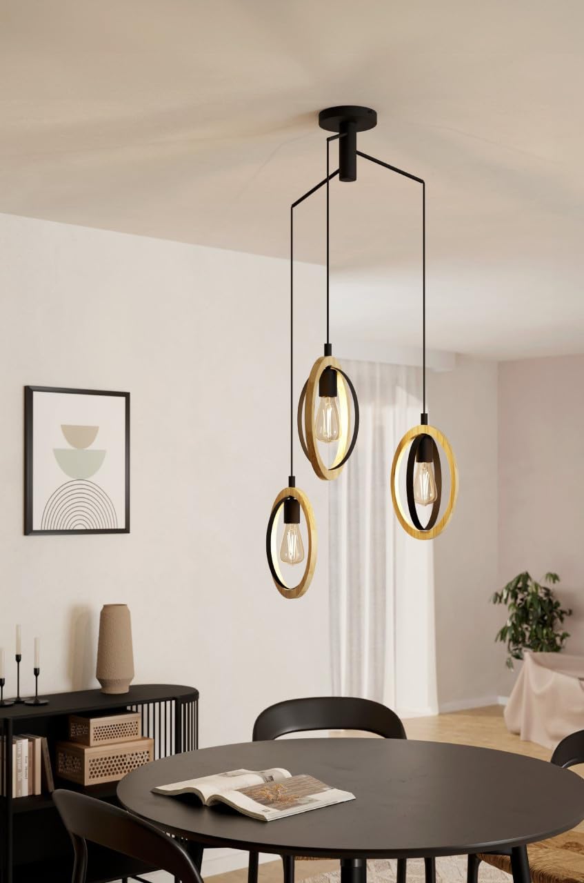 Eglo Basildon 3-Light Pendant Lamp – Vintage Wood and Black Steel