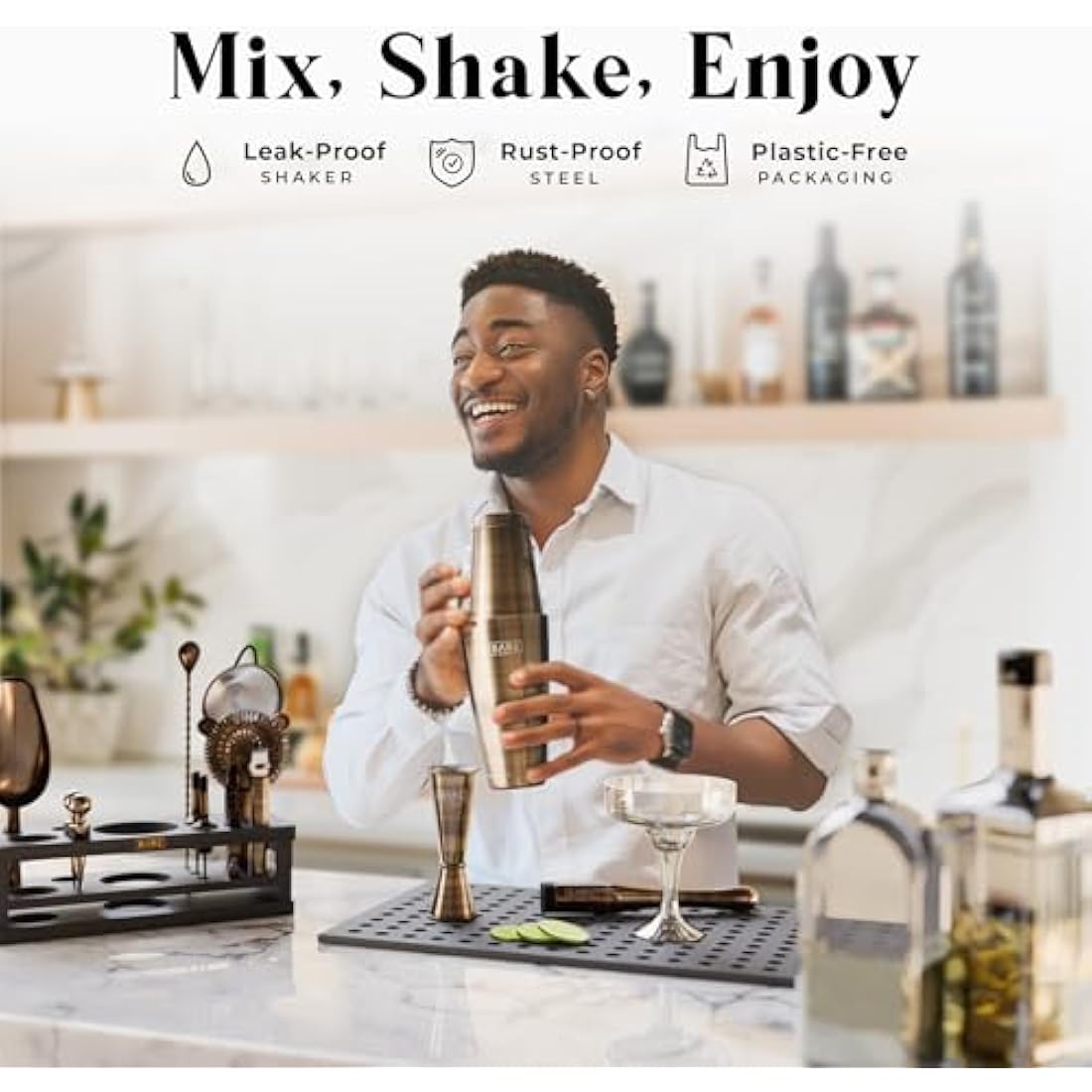 Bare Barrel 16-Piece Cocktail Making Kit | Brass & Black Boston Shaker
