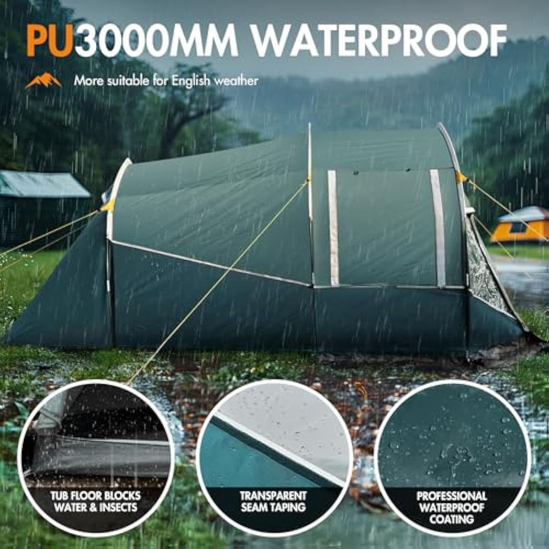 Portal 3 Person Tunnel Tent – 3000mm Waterproof Camping Tent with Porch