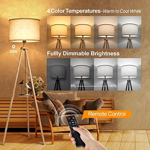 OUTON Tripod Floor Lamp – Dimmable Wood Standing Lamp with Shelf