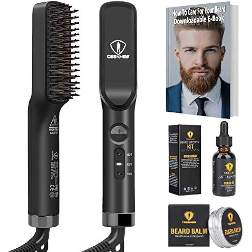 Ceenwes 3-in-1 Beard Straightener Kit | Ionic Hair Brush with Oil & Balm