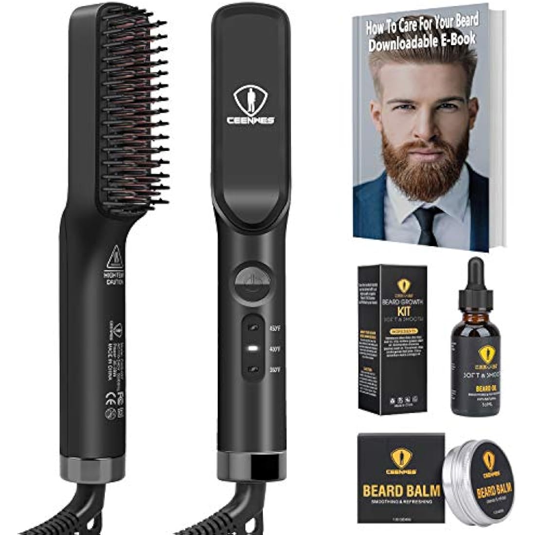 Ceenwes 3-in-1 Beard Straightener Kit | Ionic Hair Brush with Oil & Balm
