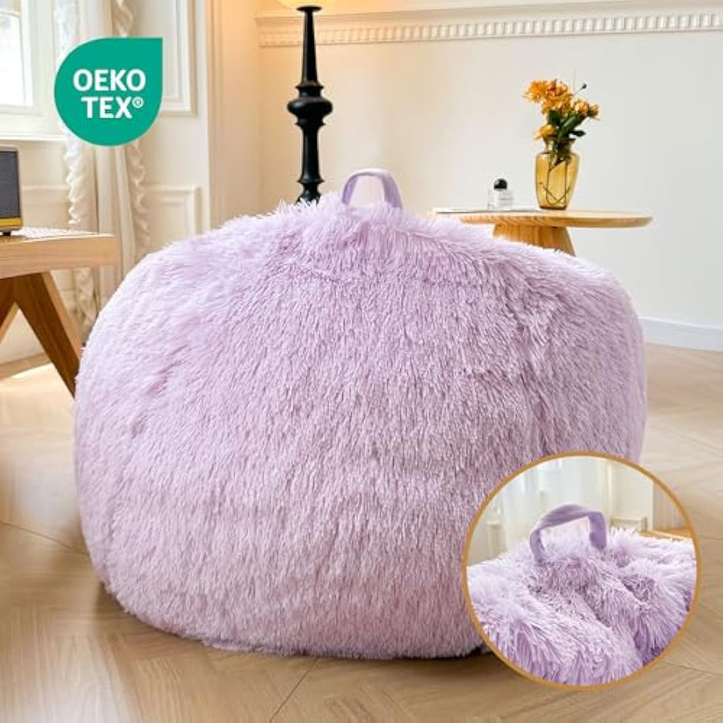 Jolof Store Faux Fur Bean Bag Cover – Fluffy Plush Toy Storage, Lavender