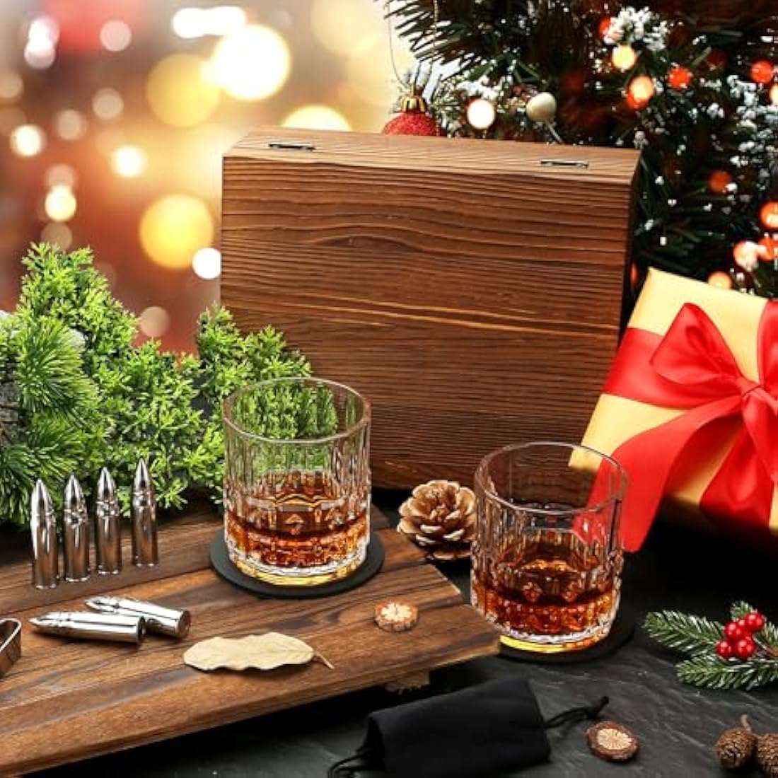 Sovyime Whiskey Gift Set | 2 Glasses & 6 Stainless Steel Stones in Wood Box