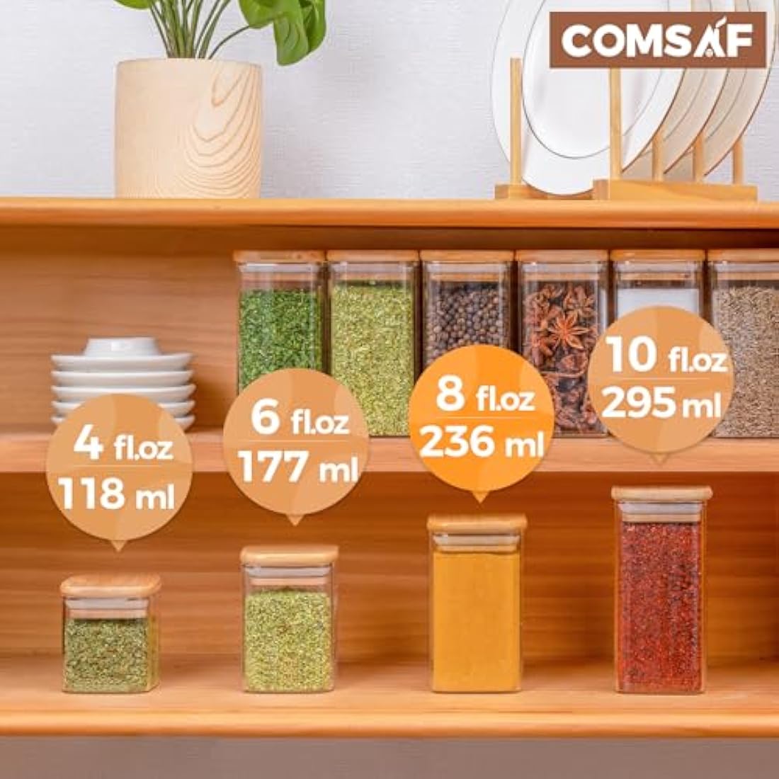 ComSaf 12 Pcs Square Glass Spice Jars with Bamboo Lids and Labels, 8oz