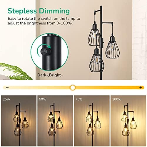 EDISHINE Industrial Dimmable Floor Lamp – 3-Light Metal Cage Standing Lamp