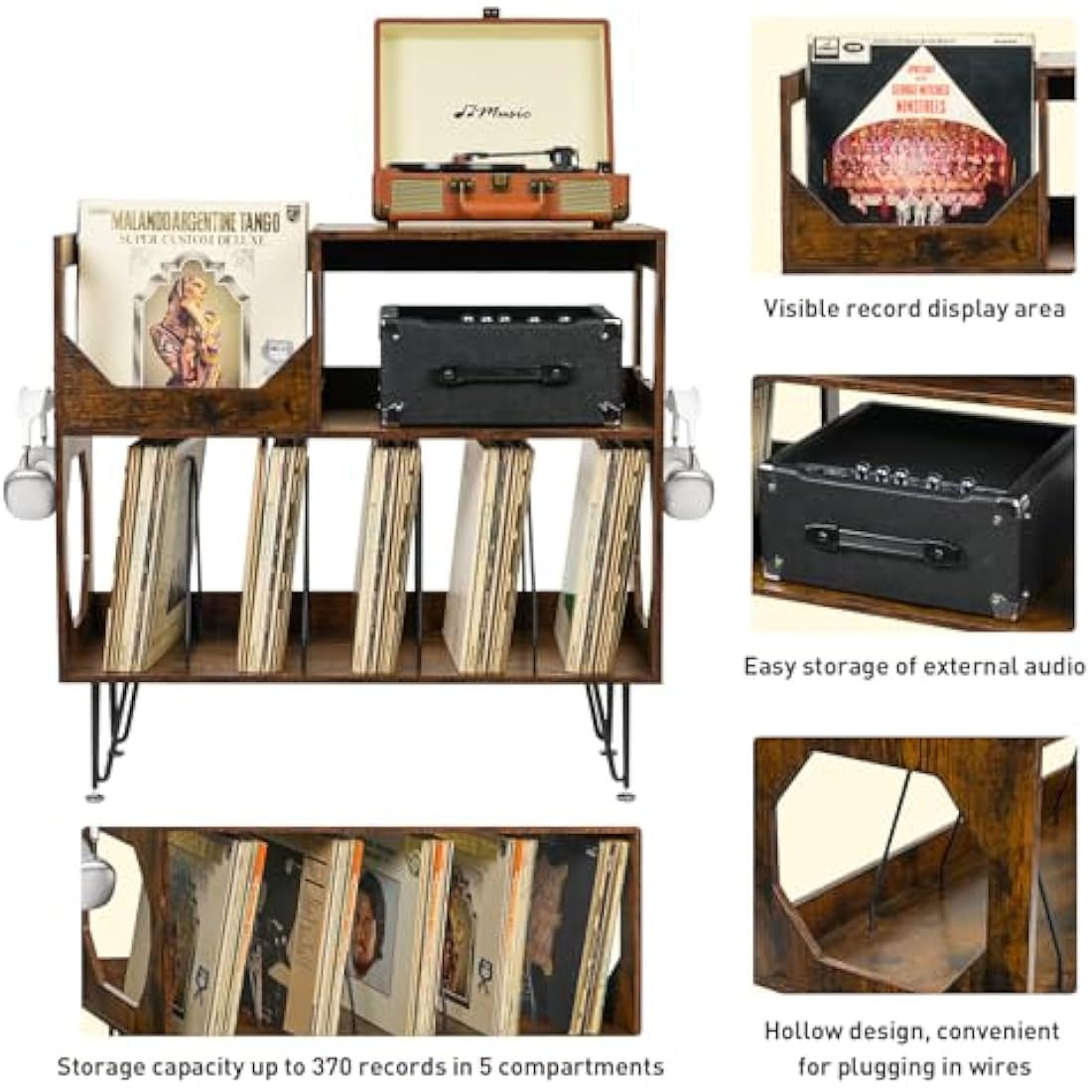 ikkle Rustic Record Player Stand | 2-Tier Vinyl Storage Cabinet for 370 Albums