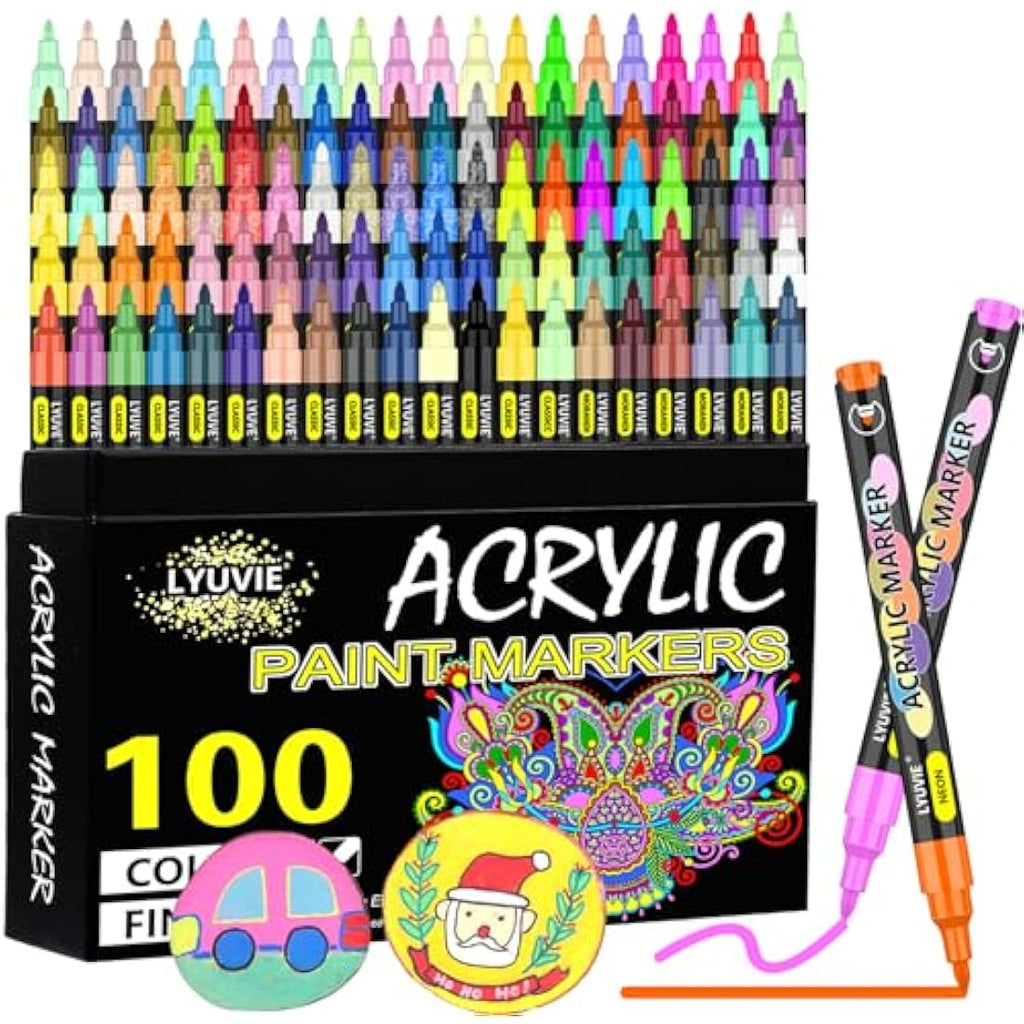Lyuvie 100 Color Acrylic Paint Pens | 0.7mm Extra Fine Tip Markers