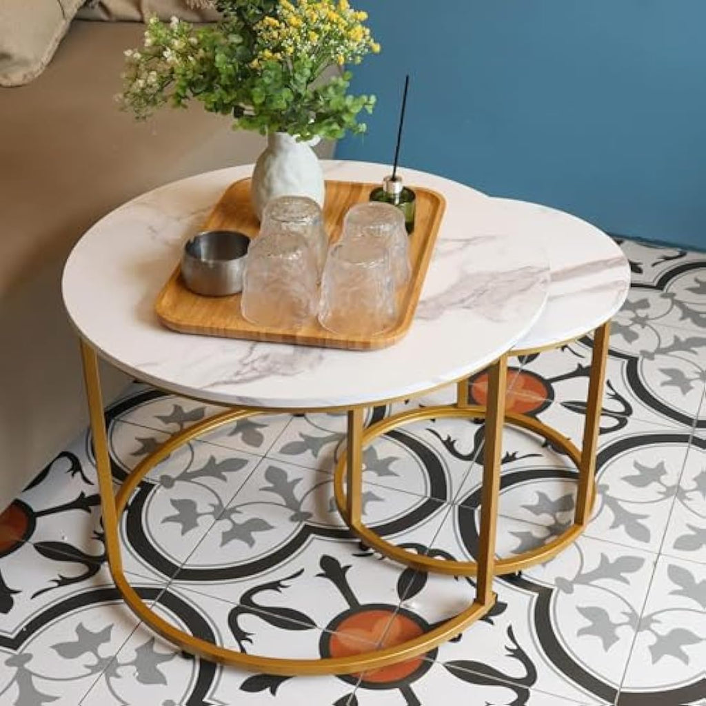 Round Nesting Coffee Tables - Set of 2 White Marble & Gold