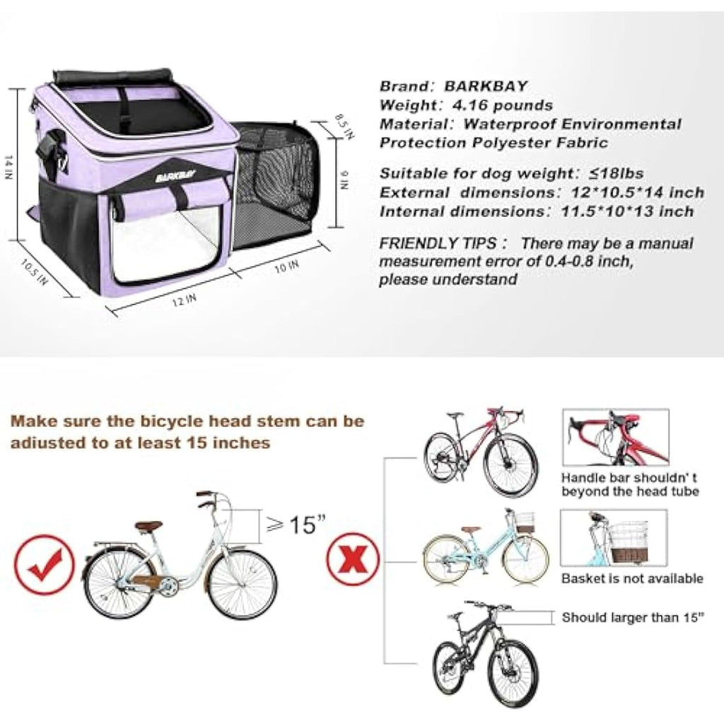 BARKBAY Dog Bike Basket Carrier – Foldable Pet Travel Bag, Purple