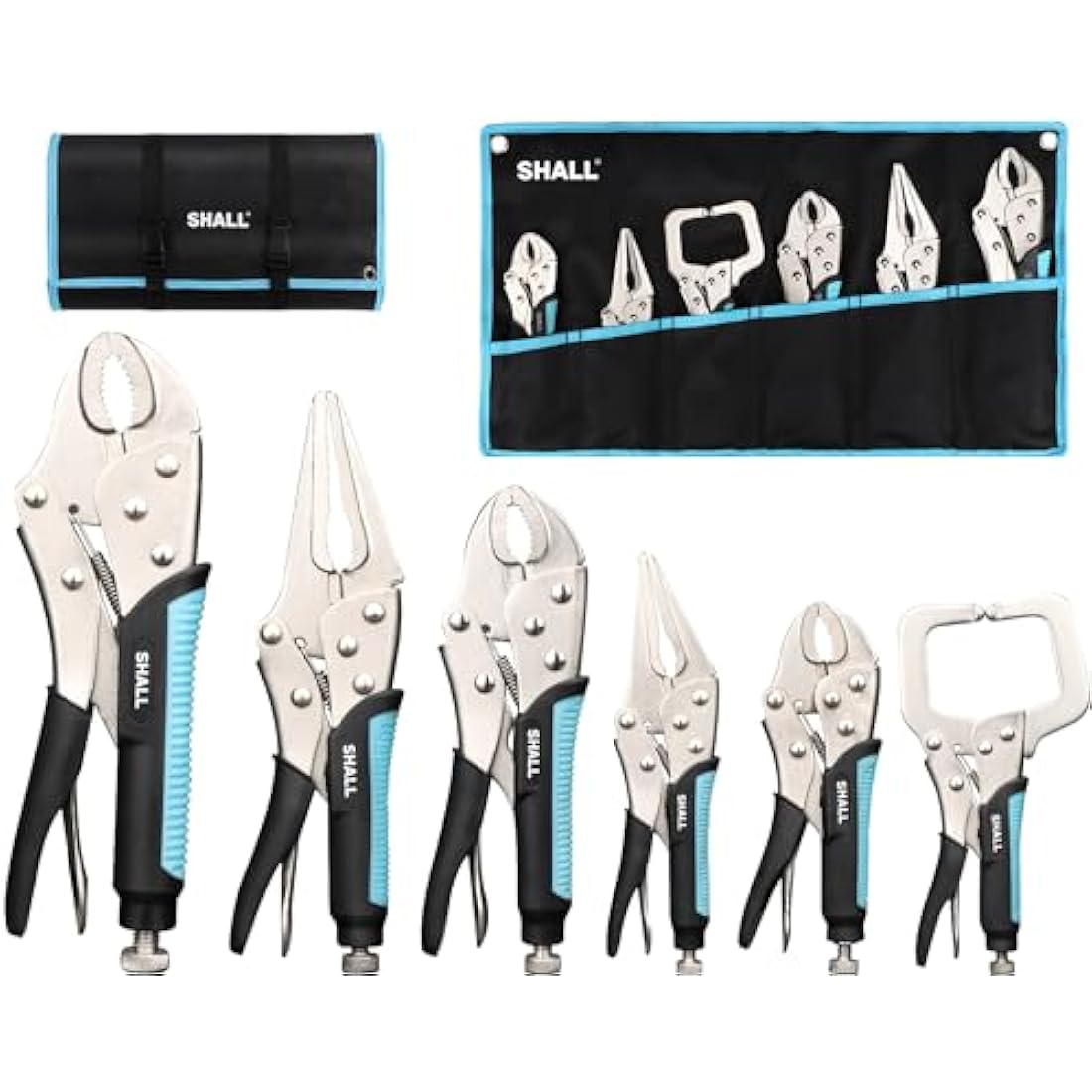 Shall 6-Piece Locking Pliers Set | Curved & Long Nose with Roll Up Pouch