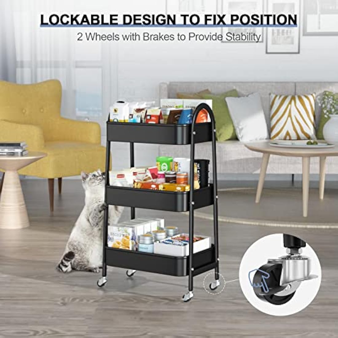 EAGMAK 3-Tier Metal Rolling Utility Cart with Handle and Wheels - Black