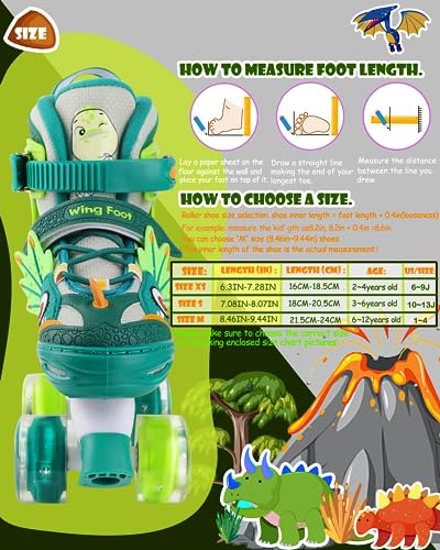 WESKIFAN Kids Dinosaur Roller Skates | Adjustable Quad Shoes with Light Up Wheels